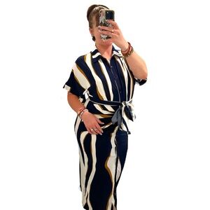 Fashion Nova Blue, White, and Gold Dressy Button-Up Dress - Sleek Fabric, Large